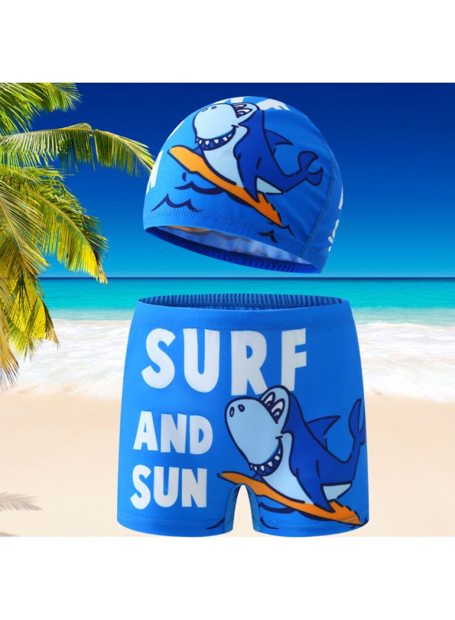 Direct Supply Children's Swimming Trunks Boys Swimming Suits Cartoon Boys Boxer Shorts Children's Swimming Suits Swimming Cap Set-Color:2301-5 Surf Shark Swimming Cap Set-