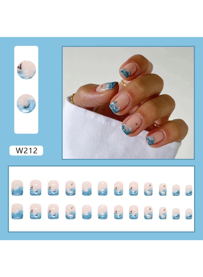 Vezocim Press on Nails Coffin Short Length 24Pcs Full Cover Reusable Glossy Fake Nails with Glue Artificial Fingernails Square False Nails with Designs Glue Stick on Nails with CharmWave - Image 4