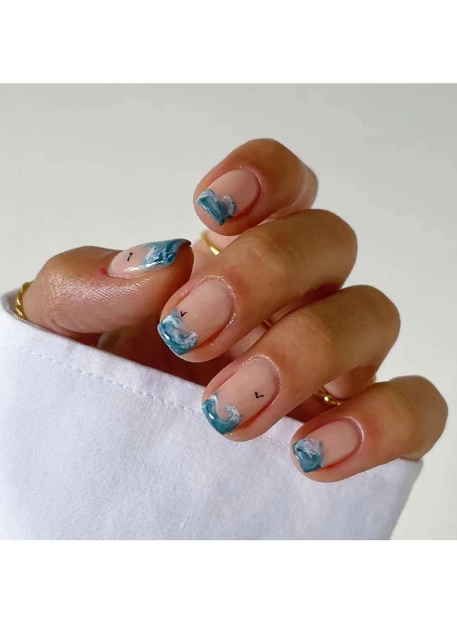 Vezocim Press on Nails Coffin Short Length 24Pcs Full Cover Reusable Glossy Fake Nails with Glue Artificial Fingernails Square False Nails with Designs Glue Stick on Nails with CharmWave - Image 2