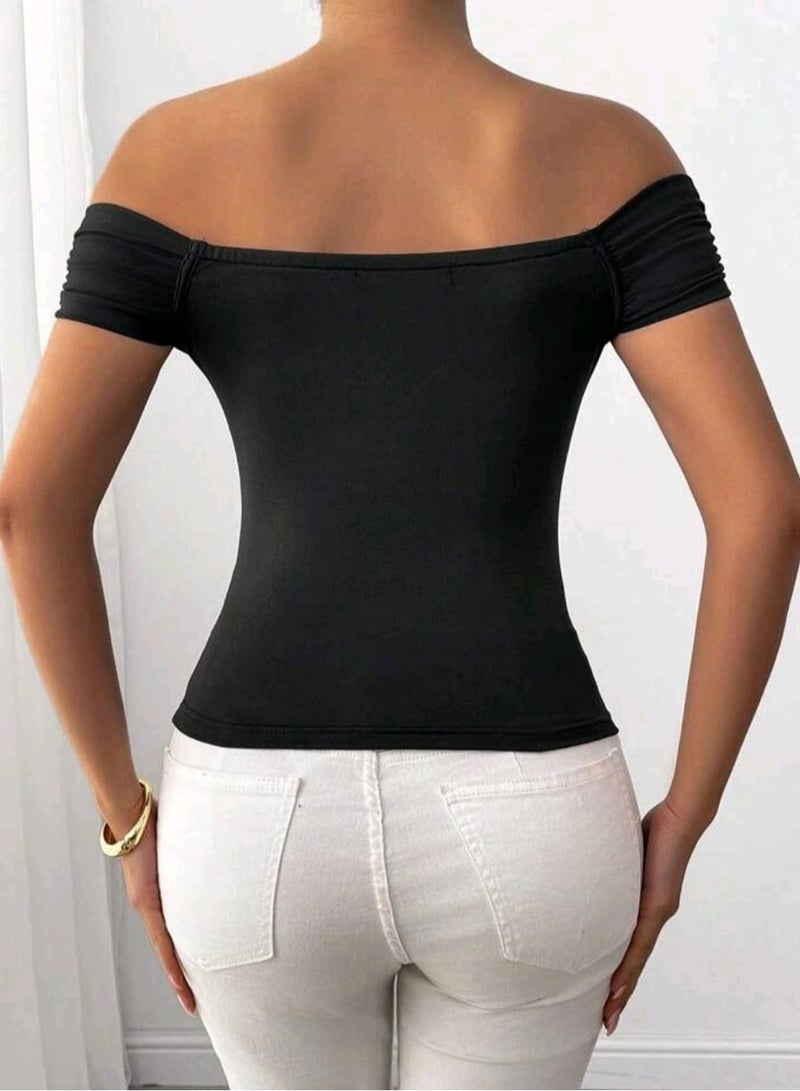 Shein SHEIN Women Ruffle Off Shoulder Hollow Out Fitted Short Sleeve BLOUSE  - Image 3