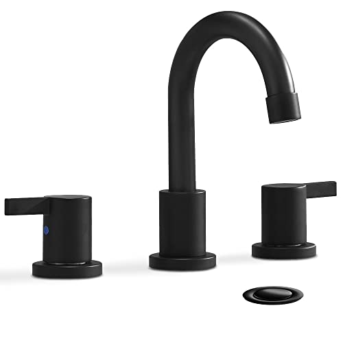 Phiestina 8 Inch 3-Hole Low-Arch 2-Handle Widespread Bathroom Faucet with Valve and Metal Pop-Up Drain Assembly,Matte Black, WF15-1-MB - Image 1
