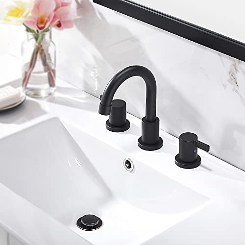 Phiestina 8 Inch 3-Hole Low-Arch 2-Handle Widespread Bathroom Faucet with Valve and Metal Pop-Up Drain Assembly,Matte Black, WF15-1-MB - Image 5
