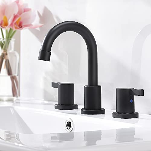 Phiestina 8 Inch 3-Hole Low-Arch 2-Handle Widespread Bathroom Faucet with Valve and Metal Pop-Up Drain Assembly,Matte Black, WF15-1-MB - Image 2