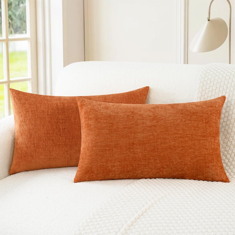 CaliTime Fall Throw Pillow Covers Decorative 12 X 20 Inches Pack of 2 Cozy Chenille Cushion Cases for Couch Sofa Bed Living Room Home Burnt Orange - Image 1