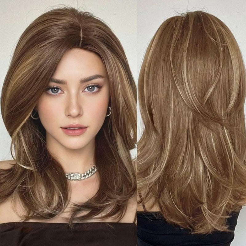 Swiking Brown Shoulder Length Wigs for Women Side Part Mix Blonde Synthetic Hair Wig Natural Layered Heat Resistant Fiber Daily Party Wigs