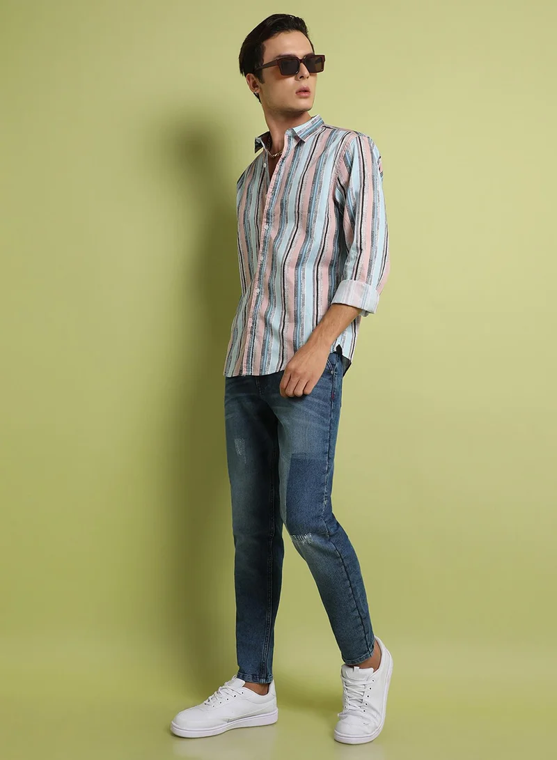Campus Sutra Campus Sutra Men's Multicolour Textured Barcode Striped Shirt For Everyday Wear | Spread Collar |  Button Closure | Long Sleeve | Cotton Shirt Crafted With Comfort Fit For Everyday Wear