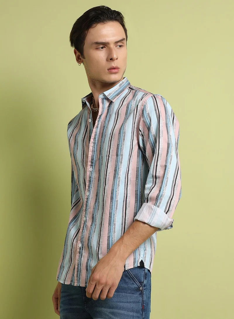 Campus Sutra Campus Sutra Men's Multicolour Textured Barcode Striped Shirt For Everyday Wear | Spread Collar |  Button Closure | Long Sleeve | Cotton Shirt Crafted With Comfort Fit For Everyday Wear