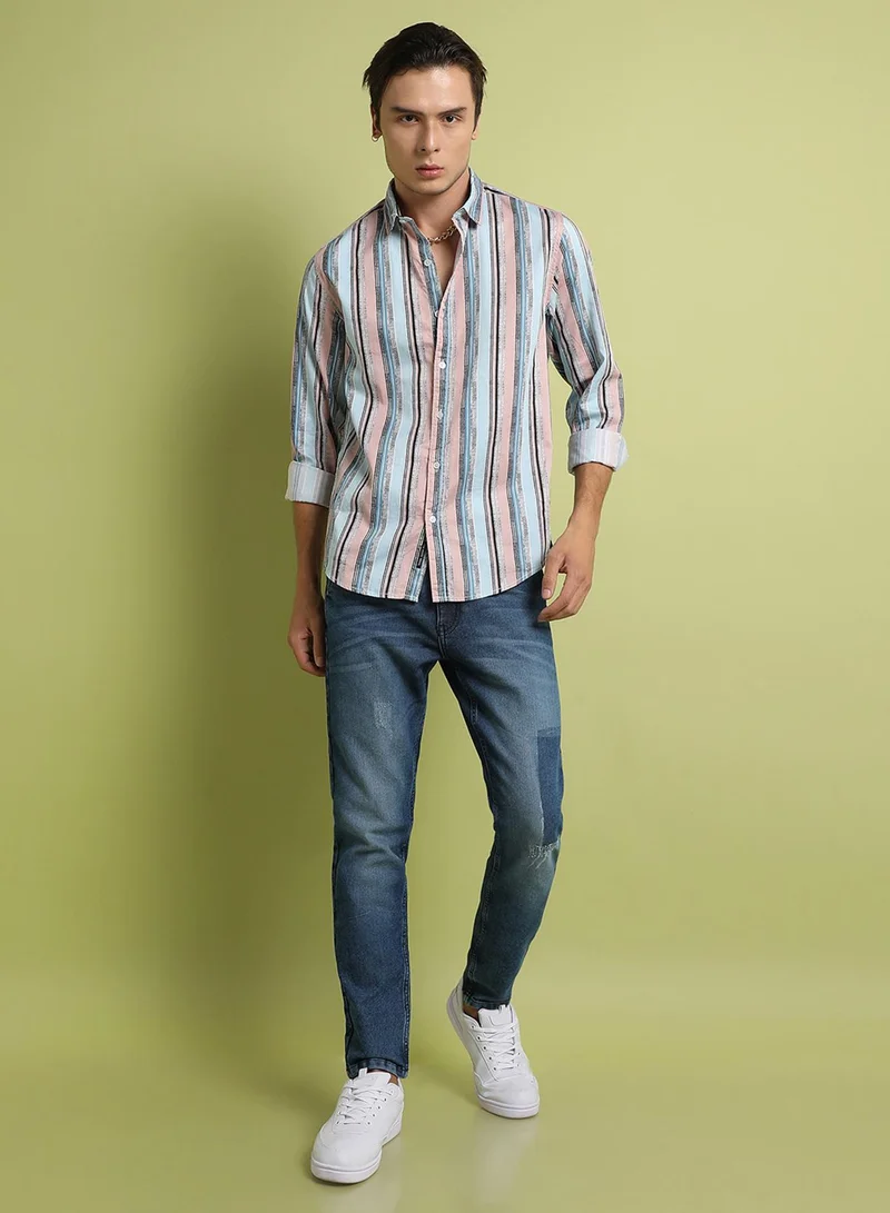 Campus Sutra Campus Sutra Men's Multicolour Textured Barcode Striped Shirt For Everyday Wear | Spread Collar |  Button Closure | Long Sleeve | Cotton Shirt Crafted With Comfort Fit For Everyday Wear