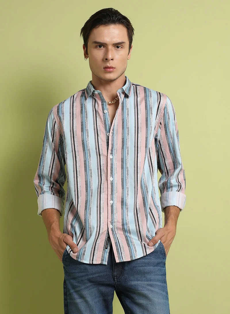 كامبوس سوترا Campus Sutra Men's Multicolour Textured Barcode Striped Shirt For Everyday Wear | Spread Collar |  Button Closure | Long Sleeve | Cotton Shirt Crafted With Comfort Fit For Everyday Wear