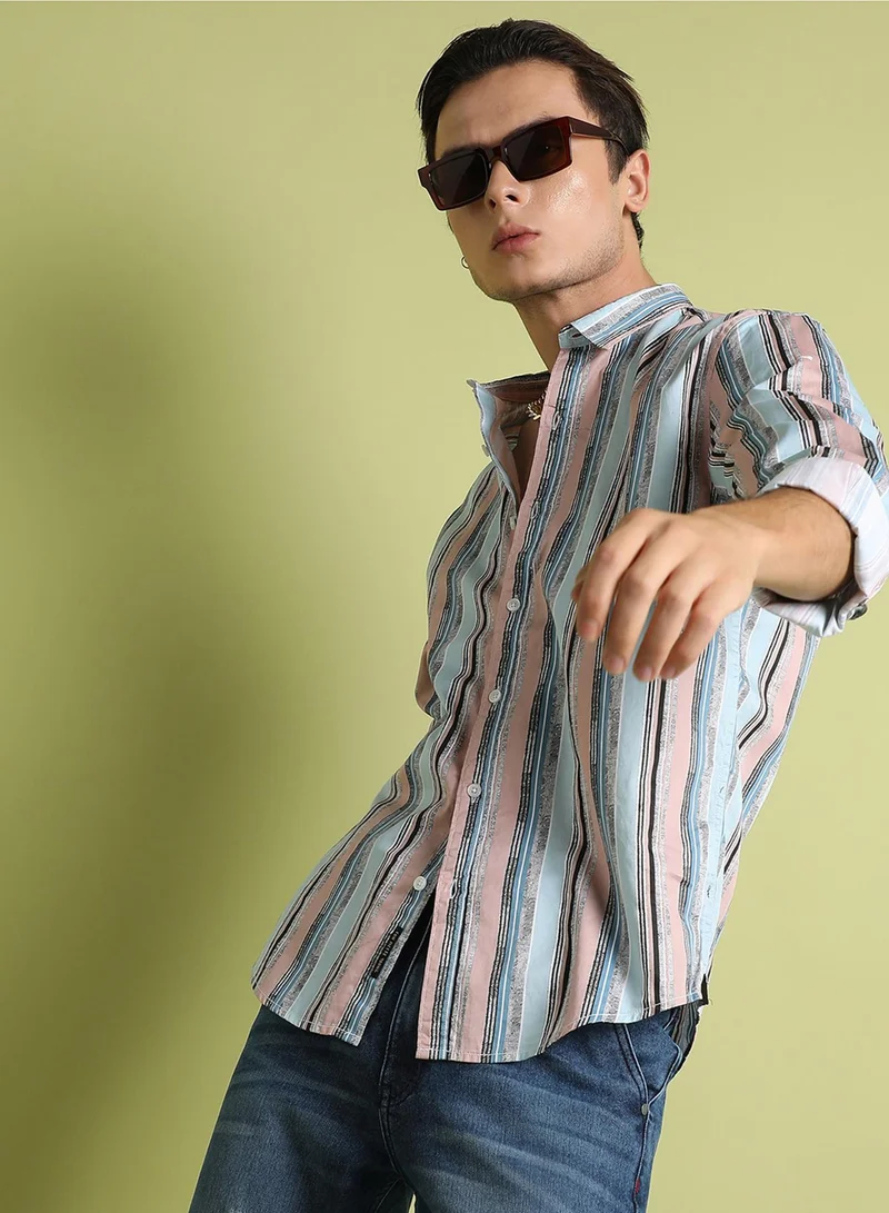 كامبوس سوترا Campus Sutra Men's Multicolour Textured Barcode Striped Shirt For Everyday Wear | Spread Collar |  Button Closure | Long Sleeve | Cotton Shirt Crafted With Comfort Fit For Everyday Wear
