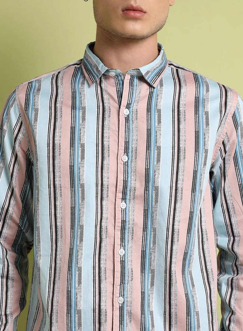Campus Sutra Campus Sutra Men's Multicolour Textured Barcode Striped Shirt For Everyday Wear | Spread Collar |  Button Closure | Long Sleeve | Cotton Shirt Crafted With Comfort Fit For Everyday Wear