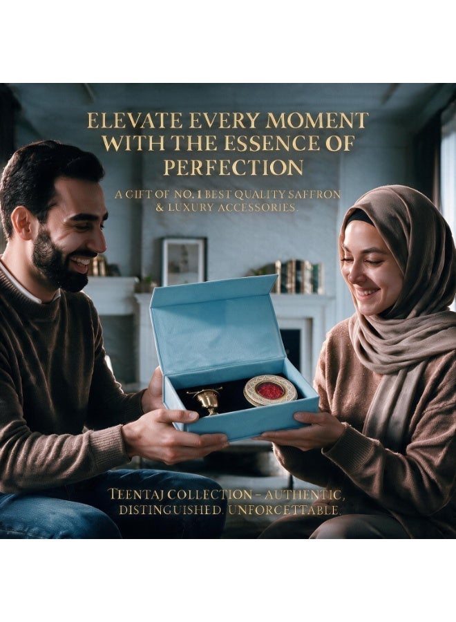 تين تاج التوابل الذهبية للطبيعة تين تاج صندوق هدايا فاخر بالزعفران من المخمل | أزرق فاتح | زعفران سوبر نيجين 1 غرام مع هاون ومدقة نحاسية وعلبة تقليدية مزخرفة بتقنية المينا | مجموعة هدايا زعفران فاخرة | هدايا رمضان، العيد، الديوالي والمناسبات الخاصة - Image 3