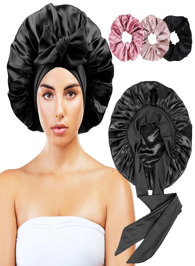 Himoswis Satin Bonnet for Sleeping Women,Double Layer Hair Bonnet for Sleeping with Tie Band for Curly Hair Braids Long Hair Black - Image 1