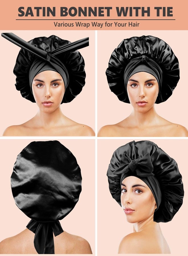 Himoswis Satin Bonnet for Sleeping Women,Double Layer Hair Bonnet for Sleeping with Tie Band for Curly Hair Braids Long Hair Black - Image 3