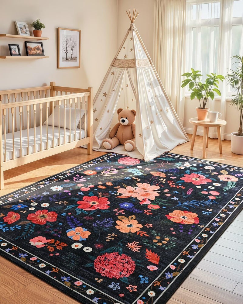 Macgace 5x7 Black Floral Rug for Girls Bedroom, Machine Washable Area Rugs with Non Slip Backingfor Living Room, Cute Flowers Carpet Kitchen Dining Room Kids Playroom Decor - Image 3