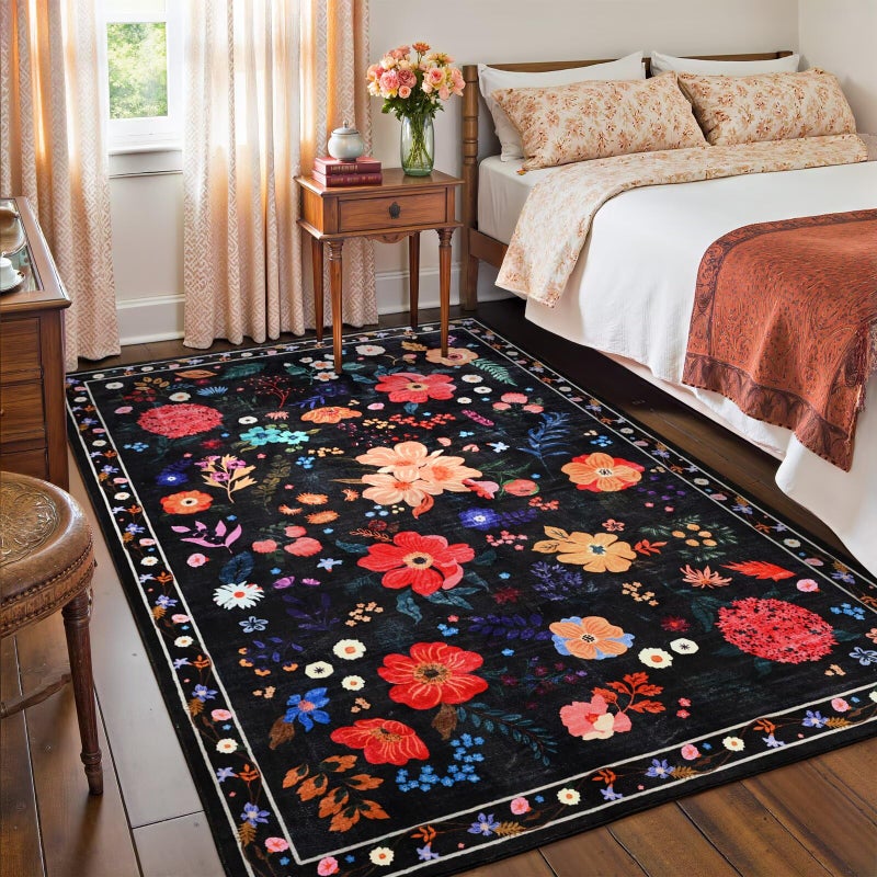Macgace 5x7 Black Floral Rug for Girls Bedroom, Machine Washable Area Rugs with Non Slip Backingfor Living Room, Cute Flowers Carpet Kitchen Dining Room Kids Playroom Decor - Image 4