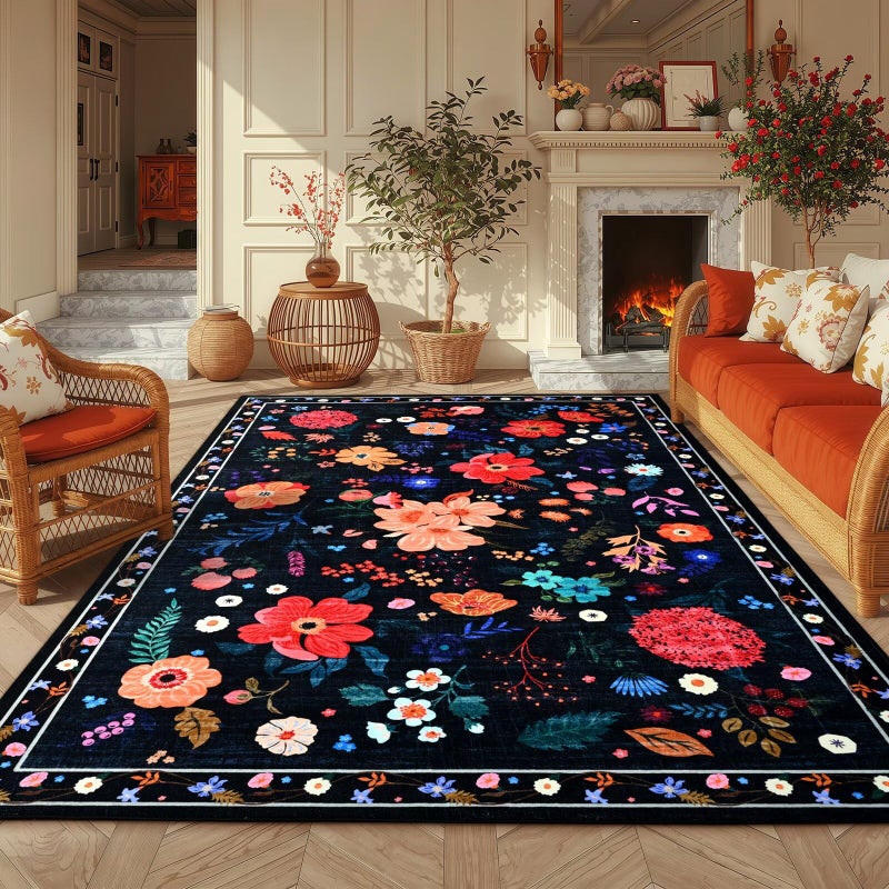 Macgace 5x7 Black Floral Rug for Girls Bedroom, Machine Washable Area Rugs with Non Slip Backingfor Living Room, Cute Flowers Carpet Kitchen Dining Room Kids Playroom Decor - Image 1