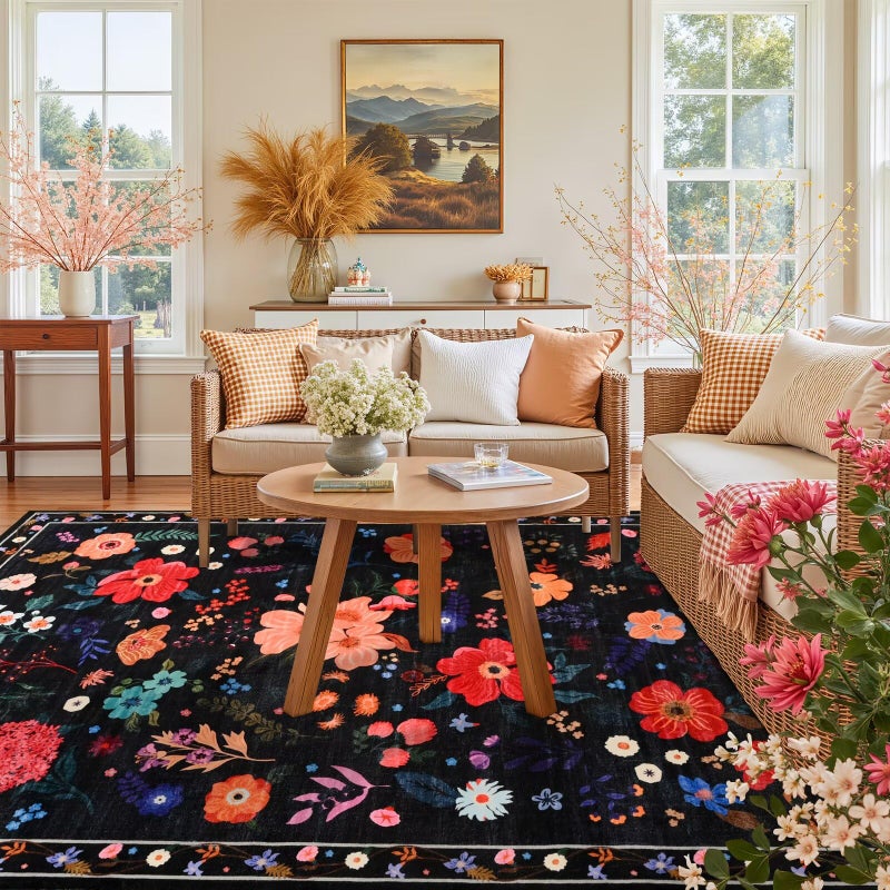 Macgace 5x7 Black Floral Rug for Girls Bedroom, Machine Washable Area Rugs with Non Slip Backingfor Living Room, Cute Flowers Carpet Kitchen Dining Room Kids Playroom Decor - Image 2