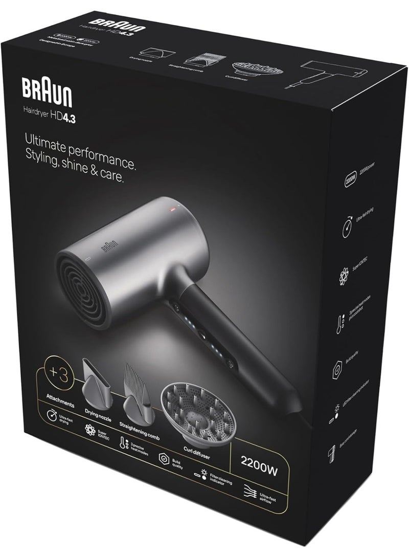 براون Hair Dryer Hd4.3 Ultimate Performance Styling Shine & Care Htdc Motor Touch Control With Drying Nozzle Straightening Comb Curl Diffuser Black - Image 1
