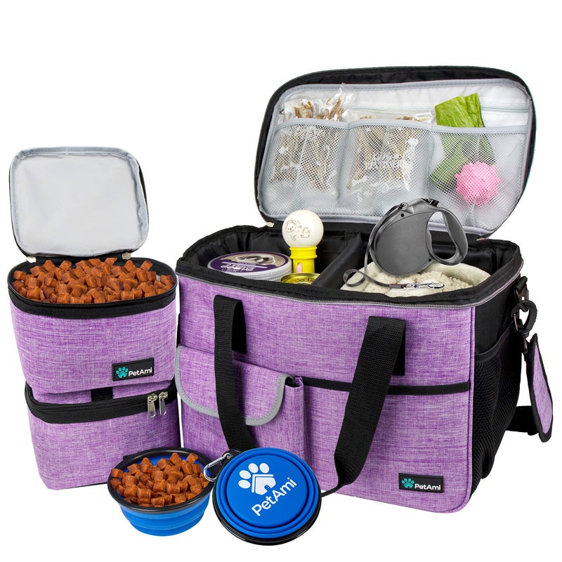 PetAmi Dog Travel Bag Travel Pet Bag Organizer Dog Food Travel Bag with Food Container and Bowls Dog Travel Supplies Gift Accessories for Weekend Camping Dog Cat Diaper Bag Purple Medium