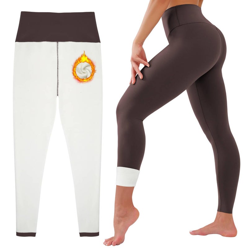 HEGALY Thick Fleece Lined Leggings for Women Tummy Control High Waisted Workout Thermal Warm Soft Yoga Pants for Cold Winter Dark Brown - Image 1