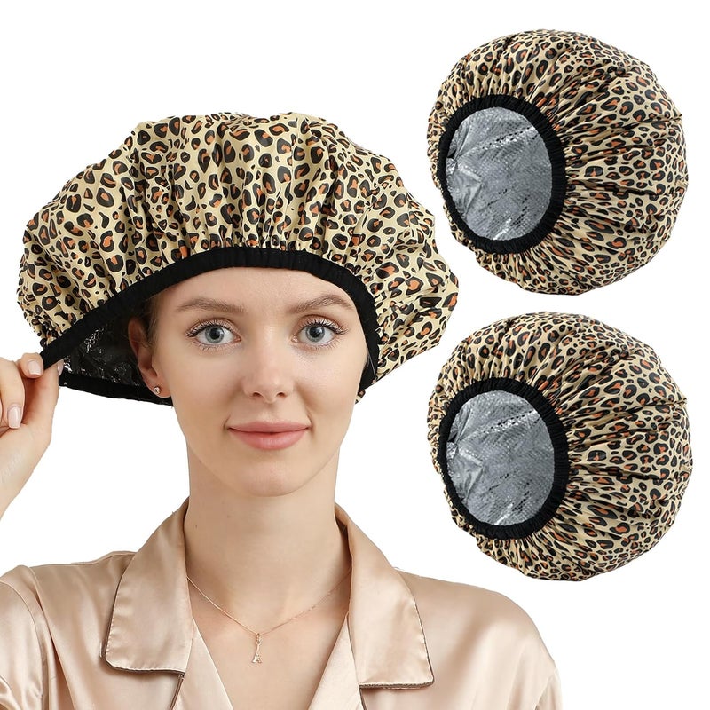 YIZIJIZI 2 Pieces Heat Cap for Deep Conditioning Conditioning Cap Made of Aluminum Foil for Home and Salon Use Hair DyeingLeopard print