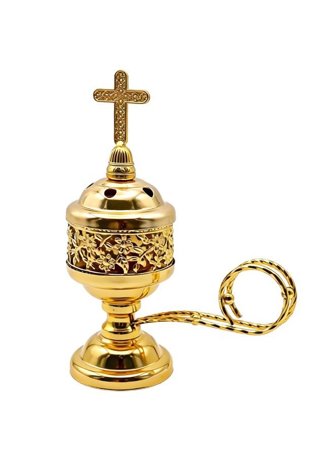 JREEPEE Solid Brass Gold Tone Incense Burner with Cross Top Lid – 10 Inches of Timeless Design for Church, Home, and Spiritual Practices – Enhance Your Rituals with This Luxurious Censer - Image 1