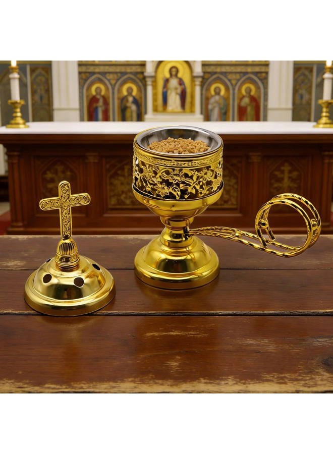 JREEPEE Solid Brass Gold Tone Incense Burner with Cross Top Lid – 10 Inches of Timeless Design for Church, Home, and Spiritual Practices – Enhance Your Rituals with This Luxurious Censer - Image 3