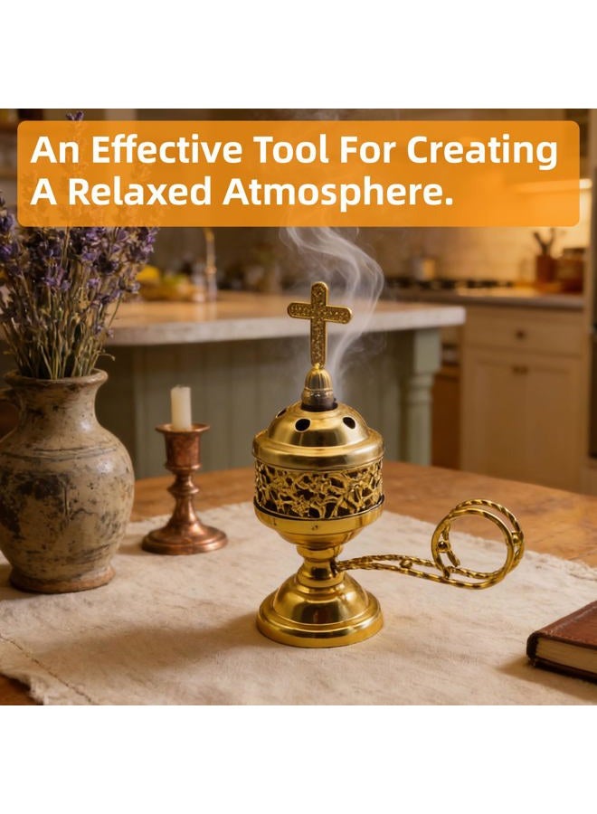JREEPEE Solid Brass Gold Tone Incense Burner with Cross Top Lid – 10 Inches of Timeless Design for Church, Home, and Spiritual Practices – Enhance Your Rituals with This Luxurious Censer - Image 2