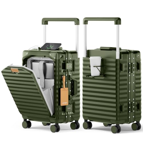 Joyway 20 Inch Carry on Luggage with Aluminium Frame and Front Pocket, PC Hardshell Suitcase with USB Port and Cup Holder, 21.5x14.2x9 Airline Approved Luggage with Spinner Wheel, TSA Lock(Dark Green) - Image 1