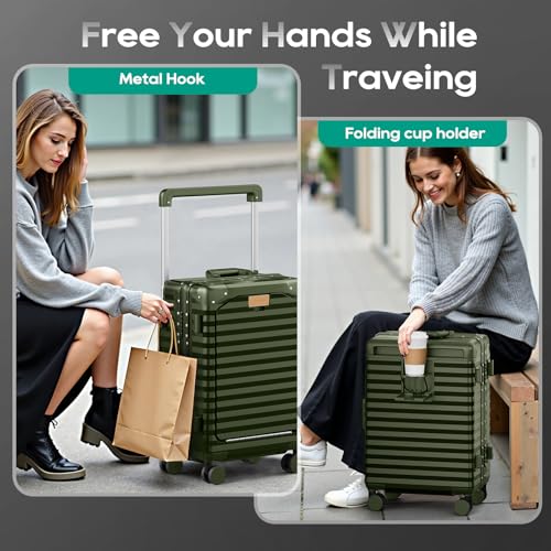 Joyway 20 Inch Carry on Luggage with Aluminium Frame and Front Pocket, PC Hardshell Suitcase with USB Port and Cup Holder, 21.5x14.2x9 Airline Approved Luggage with Spinner Wheel, TSA Lock(Dark Green) - Image 4