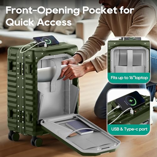 Joyway 20 Inch Carry on Luggage with Aluminium Frame and Front Pocket, PC Hardshell Suitcase with USB Port and Cup Holder, 21.5x14.2x9 Airline Approved Luggage with Spinner Wheel, TSA Lock(Dark Green) - Image 2