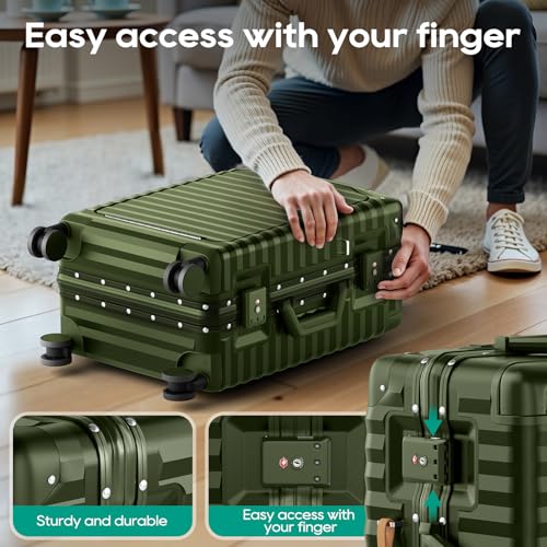 Joyway 20 Inch Carry on Luggage with Aluminium Frame and Front Pocket, PC Hardshell Suitcase with USB Port and Cup Holder, 21.5x14.2x9 Airline Approved Luggage with Spinner Wheel, TSA Lock(Dark Green) - Image 3