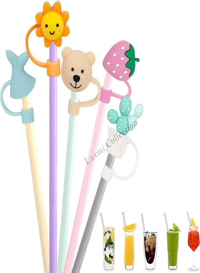 Laxmi Collection 8 Pcs Reusable Silicone Cover Cap Drinking Straw Trendy Straw with Lid Cover Airtight Dustproof Cartoon Theme for Home Kitchen Accessories Multicolor (Pack of 8) - Image 1