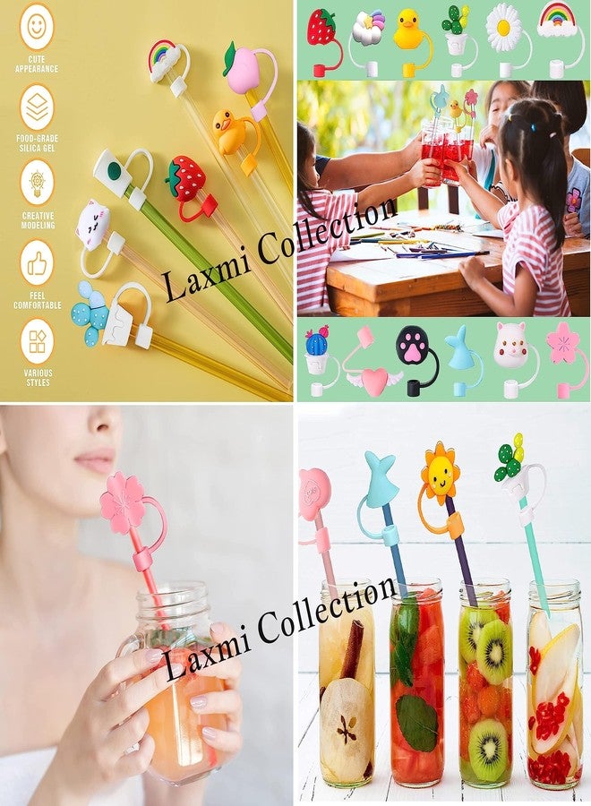 Laxmi Collection 8 Pcs Reusable Silicone Cover Cap Drinking Straw Trendy Straw with Lid Cover Airtight Dustproof Cartoon Theme for Home Kitchen Accessories Multicolor (Pack of 8) - Image 4