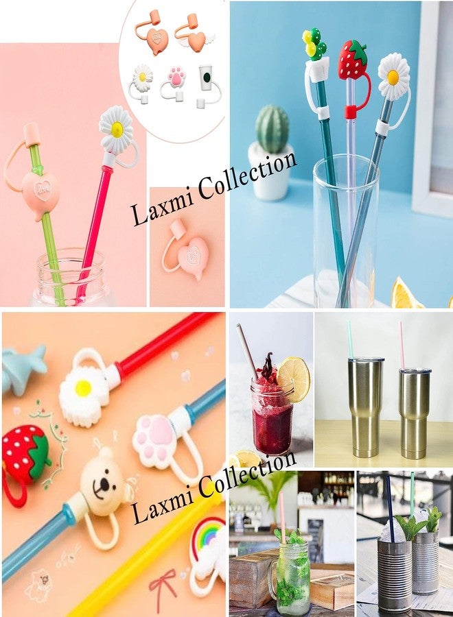 Laxmi Collection 8 Pcs Reusable Silicone Cover Cap Drinking Straw Trendy Straw with Lid Cover Airtight Dustproof Cartoon Theme for Home Kitchen Accessories Multicolor (Pack of 8) - Image 2
