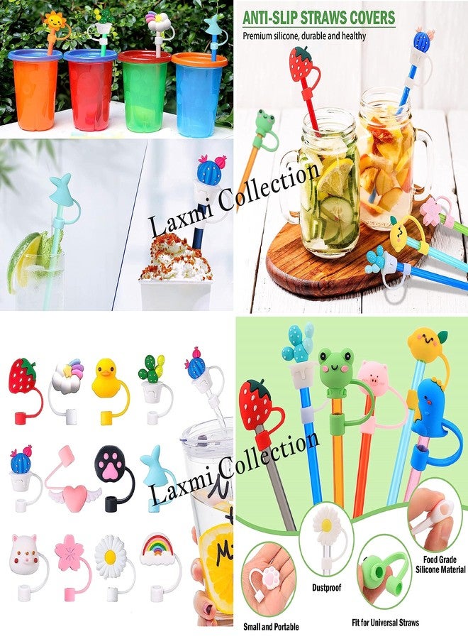 Laxmi Collection 8 Pcs Reusable Silicone Cover Cap Drinking Straw Trendy Straw with Lid Cover Airtight Dustproof Cartoon Theme for Home Kitchen Accessories Multicolor (Pack of 8) - Image 3