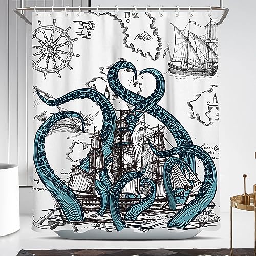 Coxila Nautical Octopus Shower Curtain, Teal Blue Sea Creature on Gray Vintage Map, Coastal Ocean Theme Bathroom Decor, Retro Maritime Kraken Art, Polyester Fabric, 60 x 72 Inch, 12 Hooks - Image 1