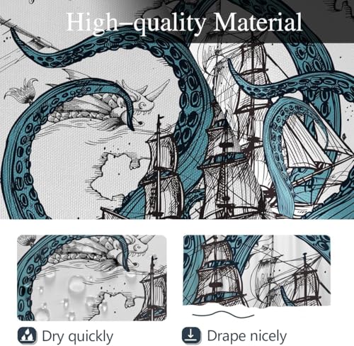Coxila Nautical Octopus Shower Curtain, Teal Blue Sea Creature on Gray Vintage Map, Coastal Ocean Theme Bathroom Decor, Retro Maritime Kraken Art, Polyester Fabric, 60 x 72 Inch, 12 Hooks - Image 3