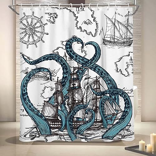 Coxila Nautical Octopus Shower Curtain, Teal Blue Sea Creature on Gray Vintage Map, Coastal Ocean Theme Bathroom Decor, Retro Maritime Kraken Art, Polyester Fabric, 60 x 72 Inch, 12 Hooks - Image 4