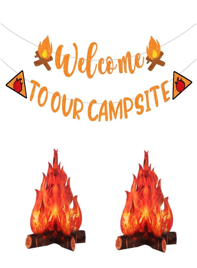 WAWEOOP Camping Themed Party Decorations Supplies,Glitter Welocme to Our Campsite Banner with 3D Campfire,Camp Bachelorette Hiking Camper Party Decor - Image 1