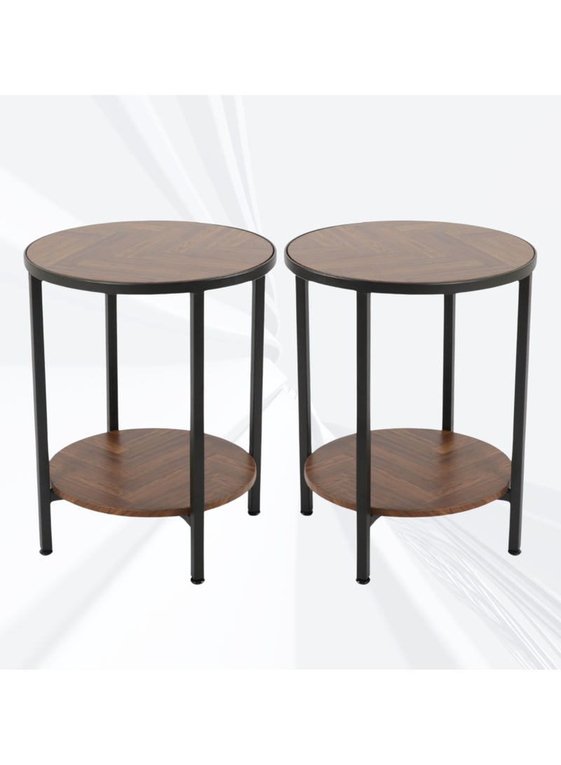 بكسل للأثاث مجموعة 2 طاولة دائري جانبية طبقتين من بكسل الأثاث للقهوة بسطح من الخشب وبرف سفلي وبأطراف من المعدن, مناسبة لغرفة المعيشة, الشرفة, الحديقة طاولة جانبية متينة - Image 1