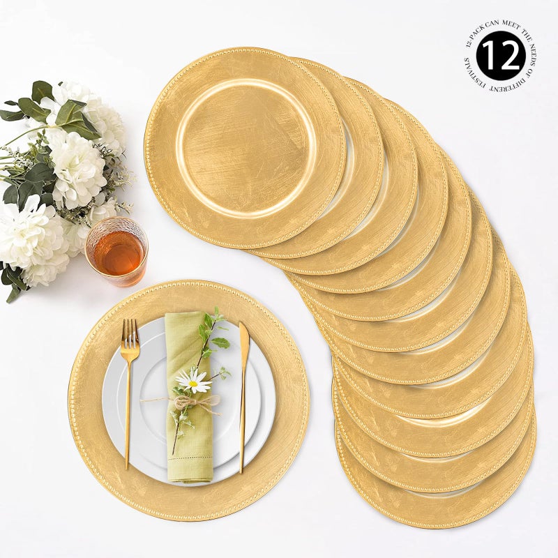 MAONAME Gold Charger Plates Set of 12, Foil 13" Plate Chargers with Beaded, Plastic Round Chargers for Dinner Plates, Table Setting - Image 2