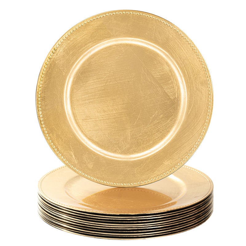 MAONAME Gold Charger Plates Set of 12, Foil 13" Plate Chargers with Beaded, Plastic Round Chargers for Dinner Plates, Table Setting - Image 1