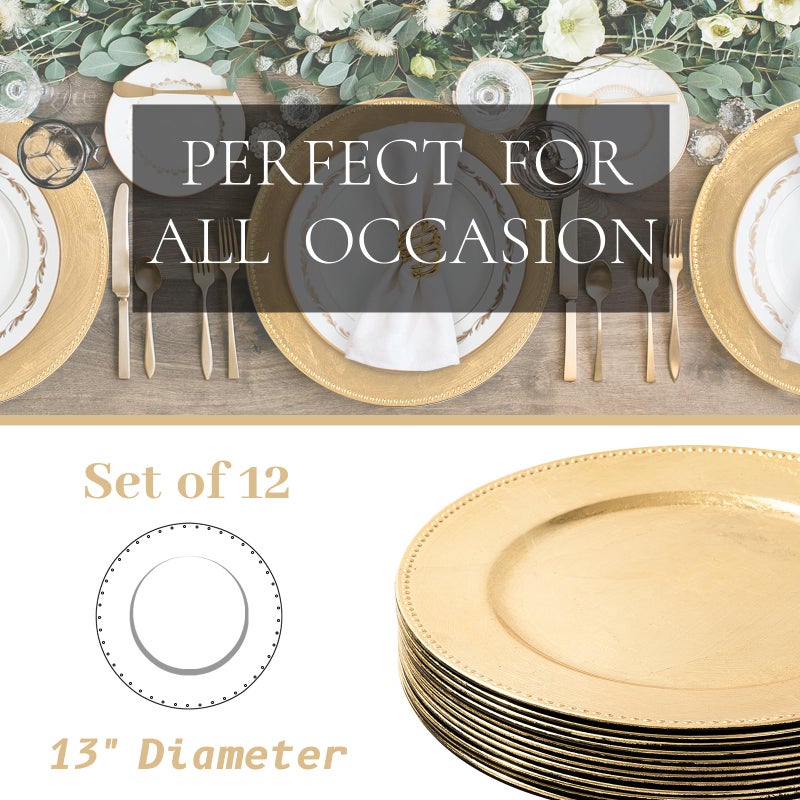 MAONAME Gold Charger Plates Set of 12, Foil 13" Plate Chargers with Beaded, Plastic Round Chargers for Dinner Plates, Table Setting - Image 5