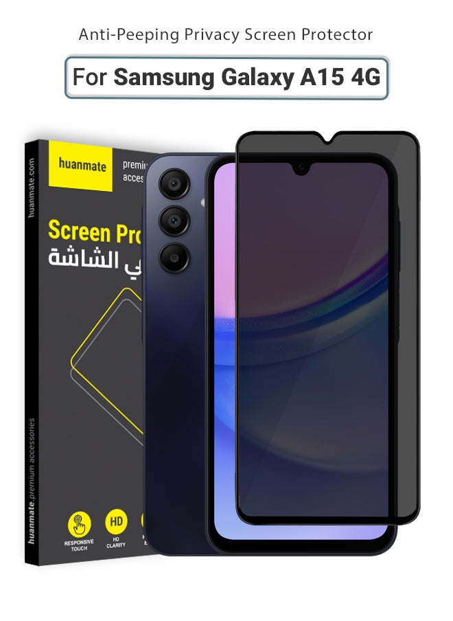 huanmate - Samsung Galaxy A15 4G Privacy Screen Protector – Premium Edge to Edge Anti Spy Privacy Tempered Glass, Oleophobic Coating, Delicate Touch, Anti-Explosion, Smooth Arc Edge, Easy Installation - Image 1