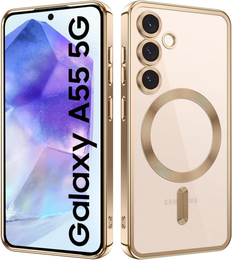 VONZEE Clear Logo Electroplating Transparent Case for Samsung A55 5G, Magnetic Plating [Support for MagSafe Charger] Electroplate TPU Cover, Individual Camera Protection for Each Lens - Gold - Image 1