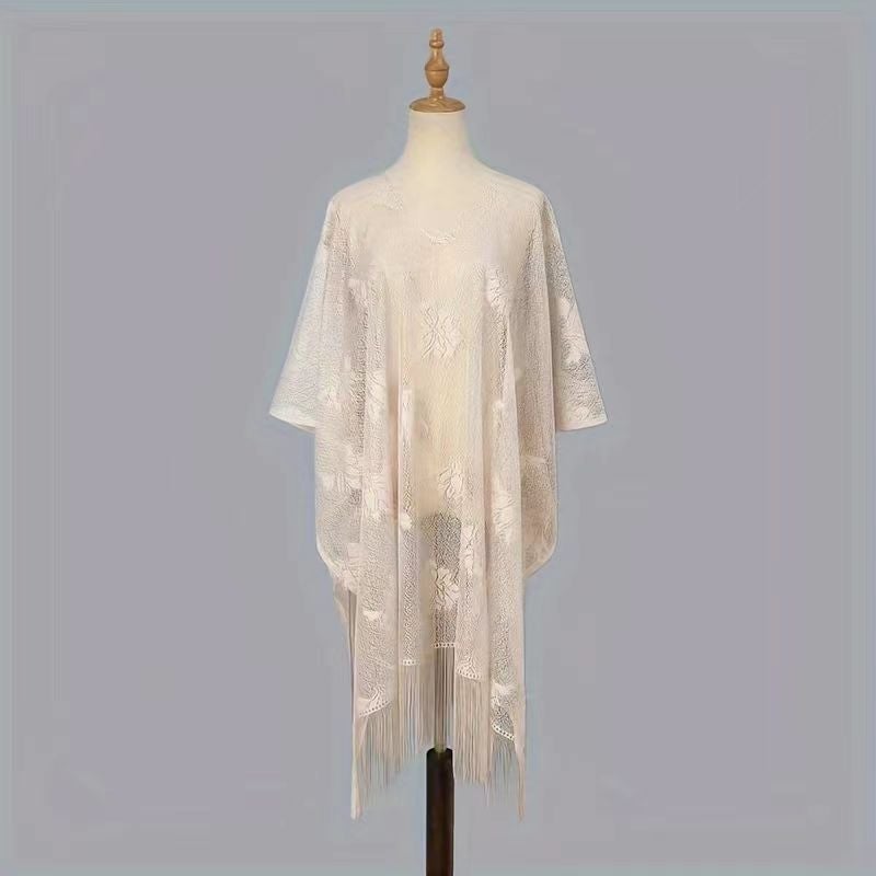 Generic Cross-border Pullover Beach Sunscreen Blouse Summer Vacation Large Size Long Bikini Lace Tassel Sunscreen Clothing for Women Creamy-white 