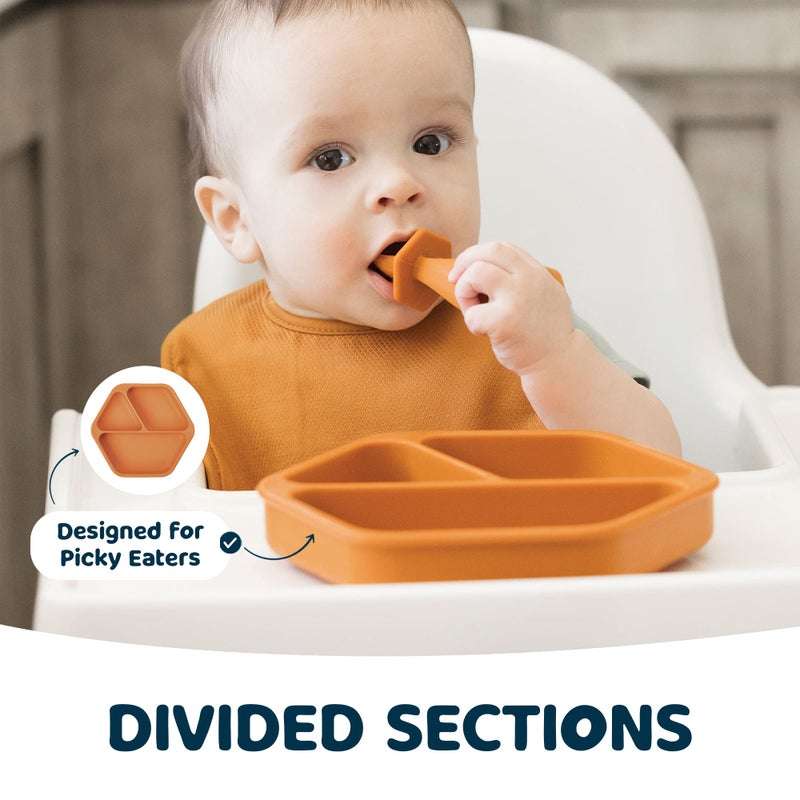 Tiny Twinkle Silicone Suction Baby Plate, Suction Grip Divided Dish for First Foods and Self-Feeding Toddlers, Baby Led Weaning Supplies for Independent Eating (Cinnamon Plate) - Image 5