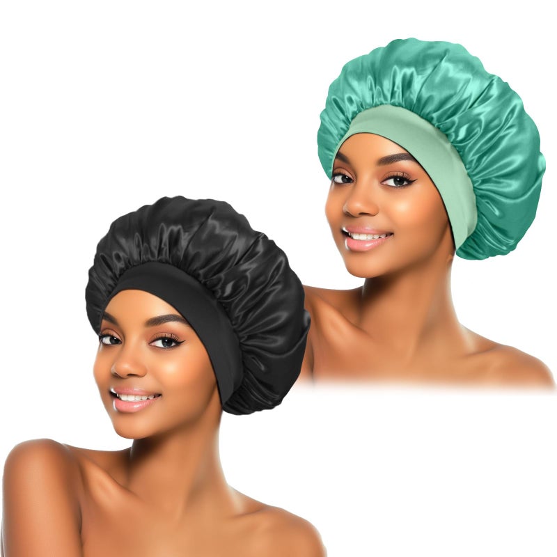 ZHENSILK 2Pcs Silk Bonnet for Sleeping Satin Hair Bonnets Soft Elastic Band Silk Sleep Cap Hair Wrap for Women Black Green - Image 3
